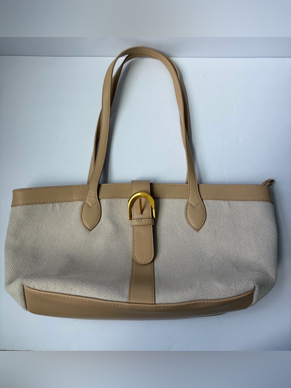 Miztique Canvas & Vegan Leather Shoulder Bag/Tote in Beige/Tan